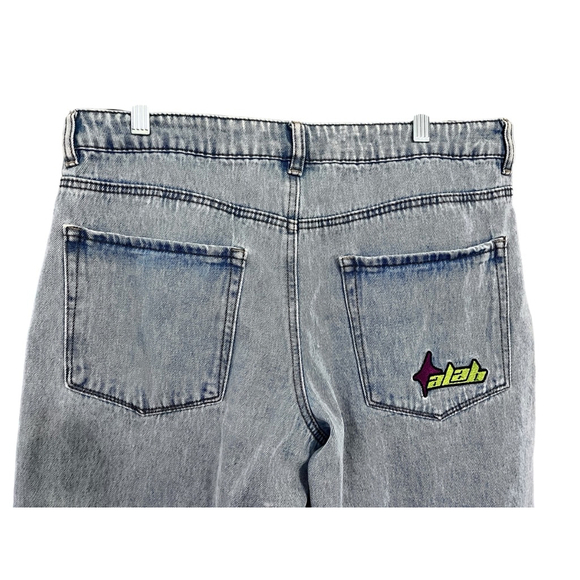 ALAB Skull Rave Jeans Ultra Wide Leg Embroidered Denim Pants Size 10 Y2K Blue - Picture 8 of 8